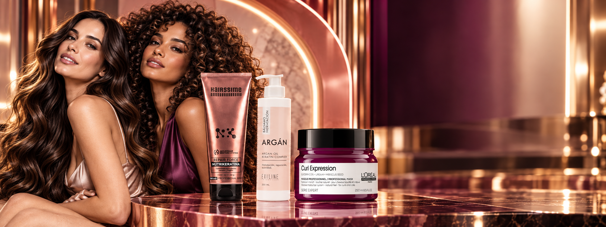 Dos modelos con cabello largo y rizado junto a productos de Hairssime, Exiline y L’Oréal Professionnel.